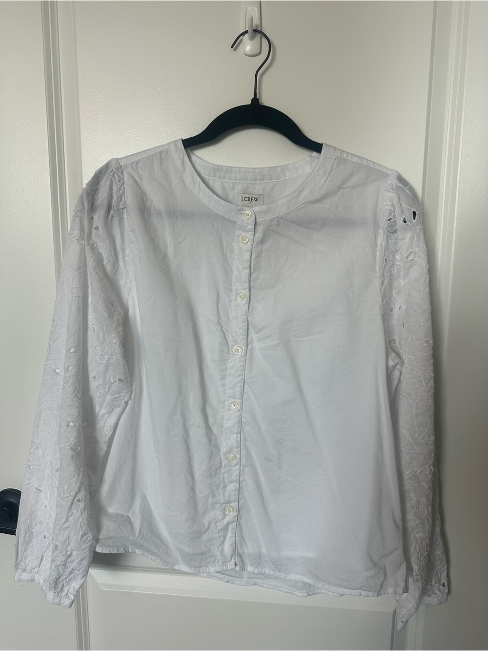 J. Crew White Button-Front Women’s Shirt with Embroidered Eyelet Sleeves